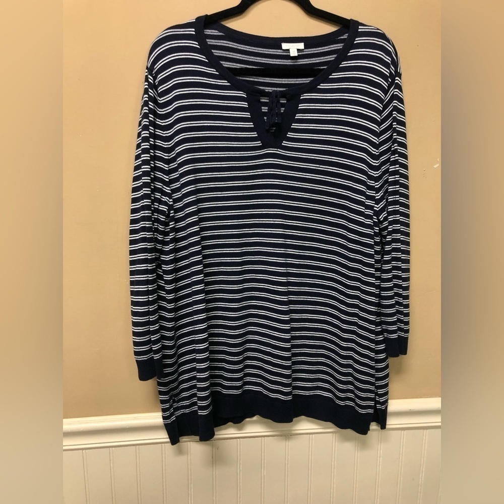 Talbots Blue White Knit Top Key Hole Neckline Size 2X